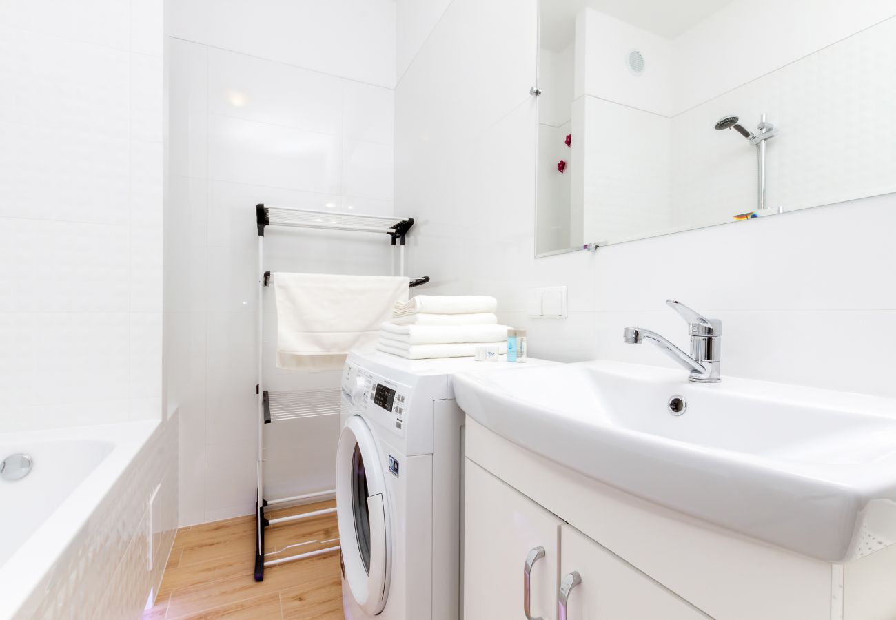 bathroom, shower, sink, toilet, mirror, washing machine, towels, apartment, interior, rent